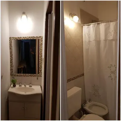 two pictures of a bathroom with a sink and a toilet at Las Lavandas Tranquilidad cerca de todo in Mina Clavero