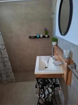 a bathroom with a sink and a mirror and a shower at Loma del Alto in Alta Gracia
