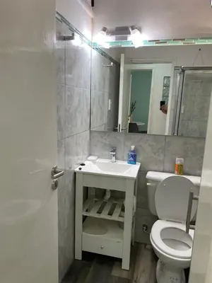 a bathroom with a sink and a toilet and a mirror at Departamento HOSPITAL PRIVADO - QUALITY - CORDOBA in Cordoba