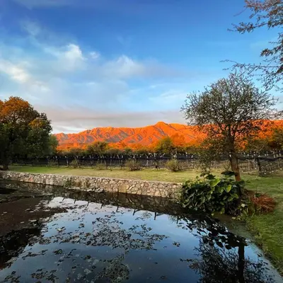 a pond in a park with fall foliage at Araoz de Lamadrid Wine Lodge in San Javier