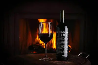 a bottle of wine sitting next to a glass of wine at Cabaña romántica en la sierra in Yacanto
