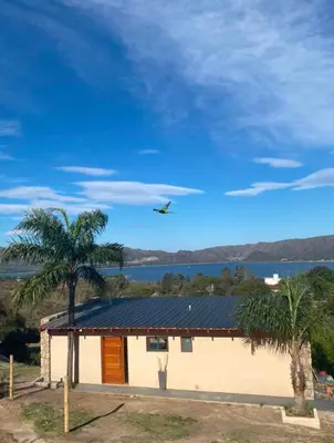 a plane flying over a house with a palm tree at EL PALMAR in Villa Carlos Paz
