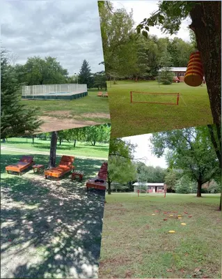 a group of four pictures of a park with a bench at Los Nidos Dormis Habitaciones con baño privado y DEPARTAMENTOS in Villa Cura Brochero