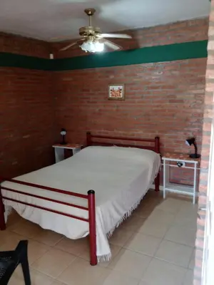 a bedroom with a bed and a brick wall at Los Nidos Dormis Habitaciones con baño privado y DEPARTAMENTOS in Villa Cura Brochero