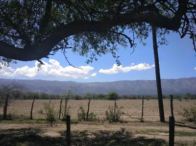 a field with a fence and mountains in the background at Cabañas el Ñato in Nono