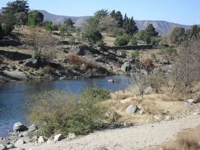 a river in the middle of a field with trees at Portal del Río Posada in Santa Rosa de Calamuchita