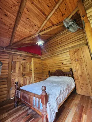 a bedroom with a bed in a log cabin at Talasuas -aires de montaña in Villa General Belgrano