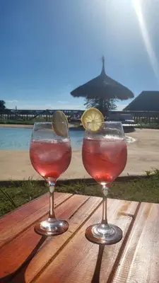 two wine glasses sitting on a wooden table at Cabañas Alisha in Panaholma