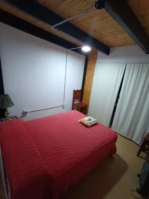 a bedroom with a red bed and a wooden ceiling at Casa Hebe - En las sierras de Córdoba - cuenta con tres habitaciones y capacidad para 8 personas, tranquila con increibles vistas in Villa Parque Siquiman