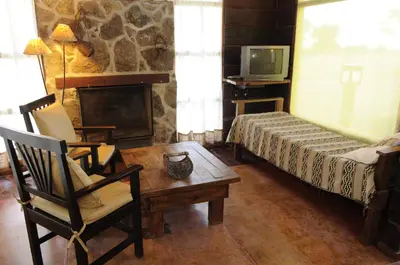 a living room with a fireplace and a bed and a table at Niderost in Villa Berna
