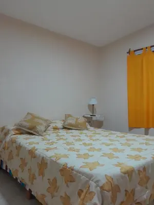 a bedroom with a large bed with a yellow curtain at Depto Santo Brochero centro in Villa Cura Brochero