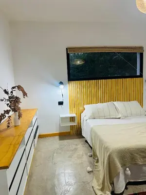 a bedroom with a bed and a desk with a plant at Casa Simona in Las Rabonas