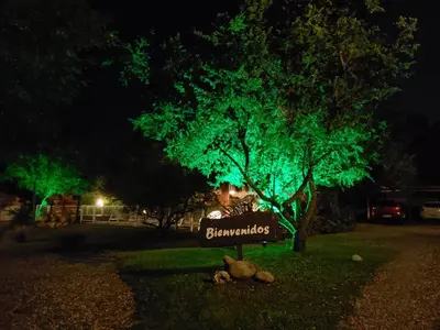 a sign in front of a tree with green lights at Alma Serrana Apart Cabañas - Solo Adultos in Nono