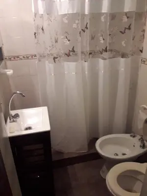 a bathroom with a sink and a toilet and a shower curtain at Don Carlos, para 2 personas con aire in Villa Cura Brochero