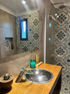 a bathroom with a sink and a shower at Flor Silvestre in Carpintería