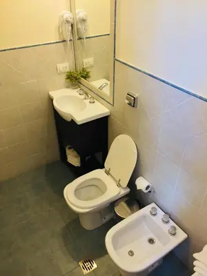 a bathroom with a toilet and a sink at San Miguel Plaza Hotel All Inclusive in Villa San Miguel