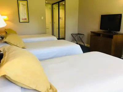 a hotel room with two beds and a flat screen tv at San Miguel Plaza Hotel All Inclusive in Villa San Miguel