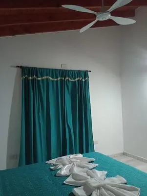a bedroom with a green bed with a ceiling fan at EL RANCHO DE PIA in Merlo