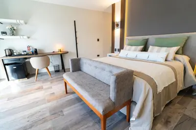 a bedroom with a bed with a chair and a desk at Domingo Design Hotel in Santa Rosa de Calamuchita