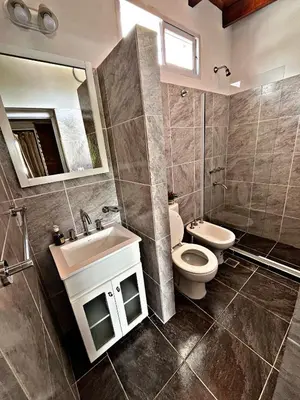 a bathroom with a sink and a toilet and a mirror at Departamento Olmos in Mina Clavero