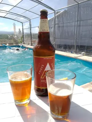 a bottle of beer and two glasses on a table next to a swimming pool at Complejo El Bonsai in Villa Santa Cruz del Lago