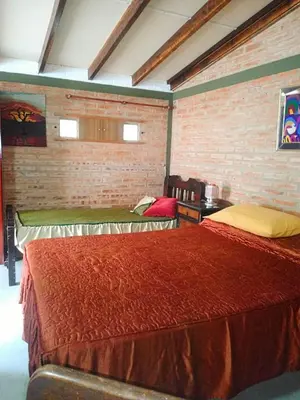 a bedroom with two beds and a brick wall at Mina's Apart in Mina Clavero