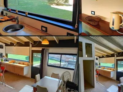 three pictures of a kitchen and a house at Mina's Apart in Mina Clavero