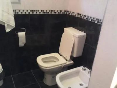 a bathroom with a white toilet and a sink at Mi Chalet Carlos Paz - Dúplex in Villa Santa Cruz del Lago