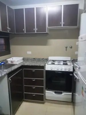 a kitchen with a stove and a counter top at Mi Chalet Carlos Paz - Dúplex in Villa Santa Cruz del Lago