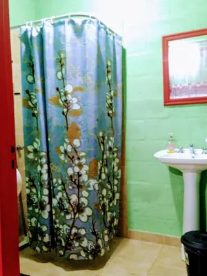 a bathroom with a shower curtain and a sink at El Escarabajo Azul loft & Arte in Villa Carlos Paz