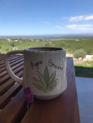 a coffee cup sitting on top of a wooden bench at Agave Serrano in Villa Rumipal