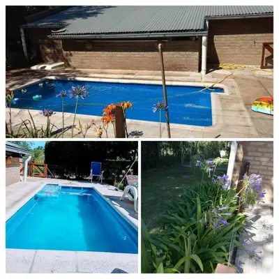 two pictures of a swimming pool in a yard at Cabaña El Legado in Villa del Dique