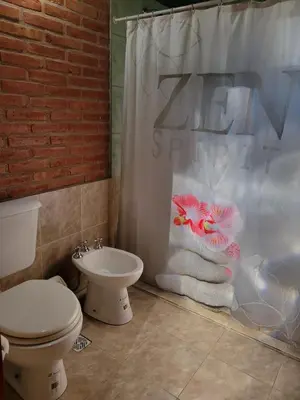a bathroom with a toilet and a shower curtain at Departamento El Colibrí in Arroyo de Los Patos