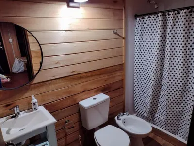 a bathroom with a toilet and a sink and a mirror at Refugios del Monte in Villa Yacanto