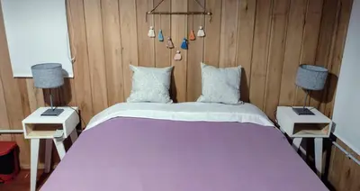 a bedroom with a large purple bed with two lamps at Refugios del Monte in Villa Yacanto
