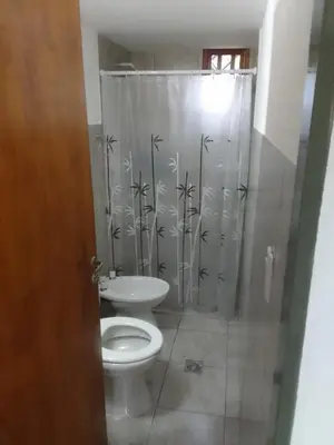 a bathroom with a toilet and a shower curtain at El Elyon Duplex in Santa Rosa de Calamuchita