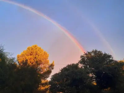 a rainbow in the sky over some trees at El Marino in Merlo