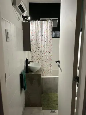 a bathroom with a sink and a shower curtain at Casa Raíz 2 habitaciones para 4 personas frente al río in Santa Rosa de Calamuchita