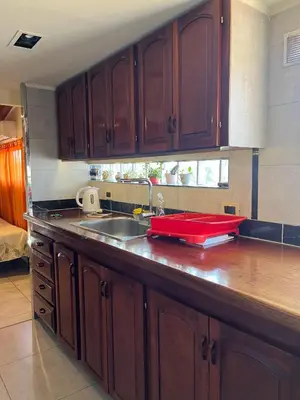 a kitchen with wooden cabinets and a sink at Casa Beethoven in Villa Carlos Paz