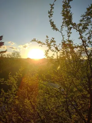 a sunset through the trees with the sun in the background at Cabaña de troncos en Nono, Córdoba in Nono