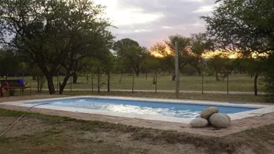 a small swimming pool in a park with trees at las tacanas casa del alto in Nono