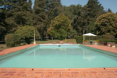 a large blue swimming pool on a brick yard at Hotel Lago Los Molinos in Villa Ciudad de America