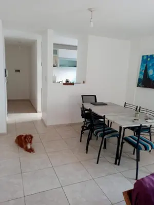 a dog sitting on the floor in a dining room at Habitación Colon in Cordoba