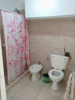 a bathroom with a toilet and a shower curtain at Habitación Colon in Cordoba