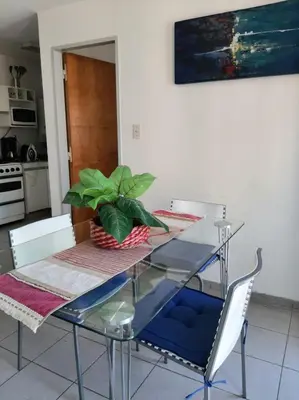 a glass dining room table with a plant on it at Depto En El Centro - Dean Funes in Cordoba