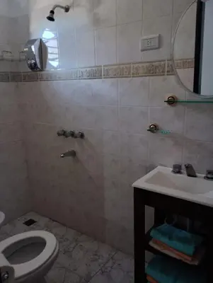a bathroom with a shower and a toilet and a sink at Mis helechos in Mina Clavero