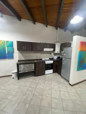 a large kitchen with brown cabinets and a stove at Apartment Carlos Paz in Villa Carlos Paz