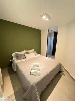 a bedroom with a large bed with a green wall at Departamento cómodo y confortable en Córdoba Capital in Cordoba