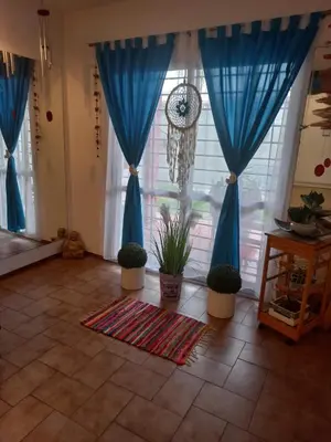 a living room with blue curtains and potted plants at Departamento interno con dos camas individuales in Cordoba