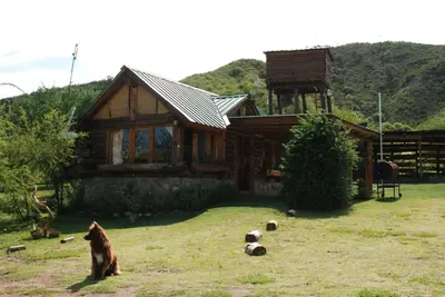 a cat is sitting in front of a house at Cabañas El Milagro in San Roque